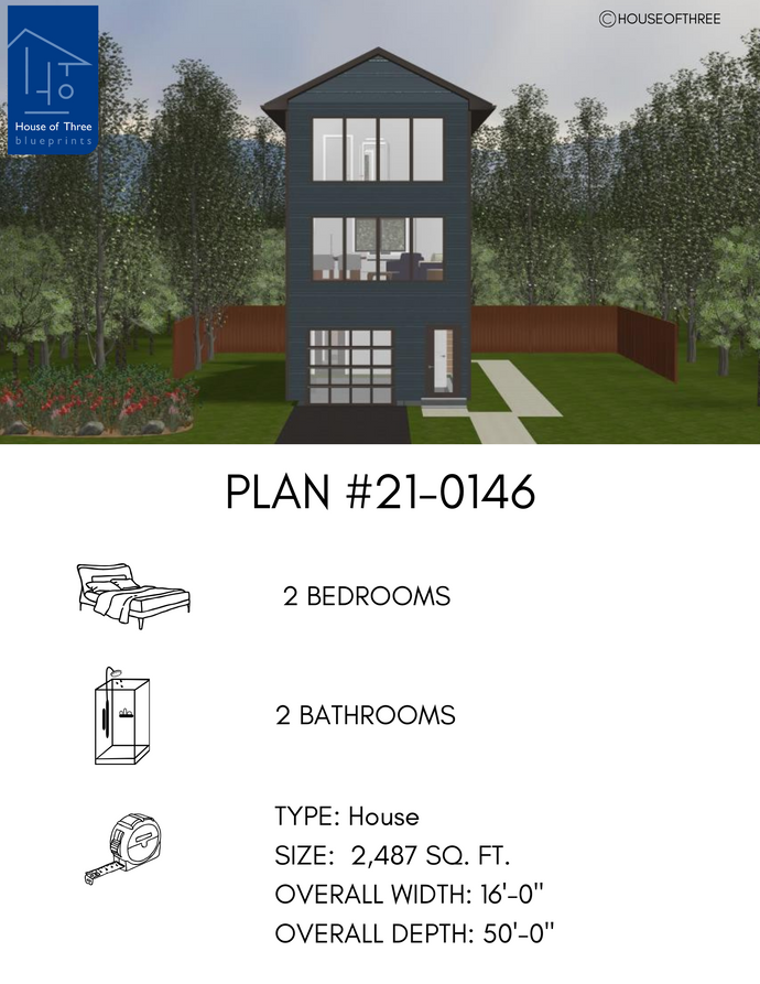 Plan #21-0146 | 3 Storey, Attached Garage, 2 bedroom, 2 bathroom