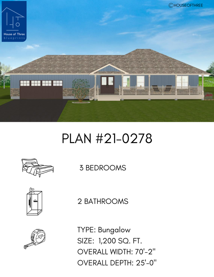 Plan #21-0278 | Stylish Bungalow, Contemporary Style, 3 Bedrooms, 2 Bathrooms