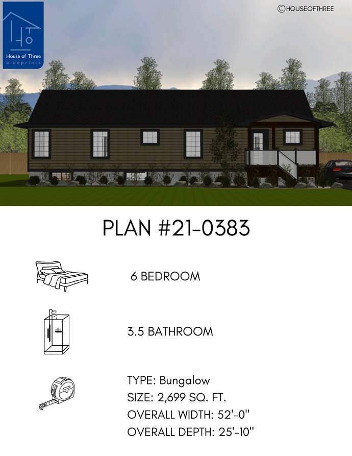 Plan #21-0383 | Bungalow, 6 bedroom, 2.5 bathroom