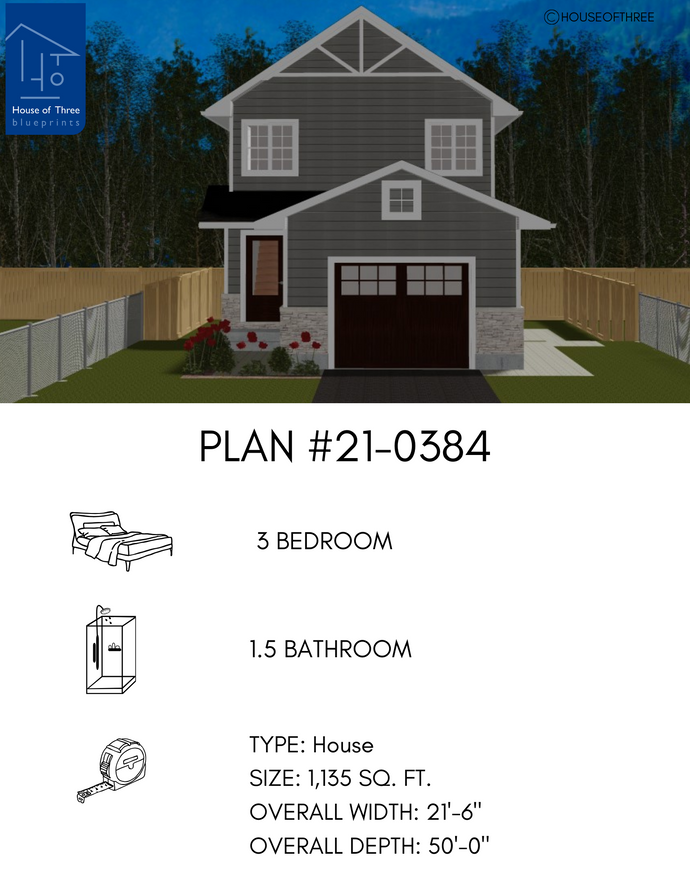 Plan #21-0384 | House, 2 Storey, 3 bedroom, 1.5 bathroom, Attached Garage