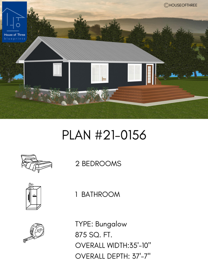 Plan #21-0156 | Bungalow, 2 bedroom, 1 bathroom