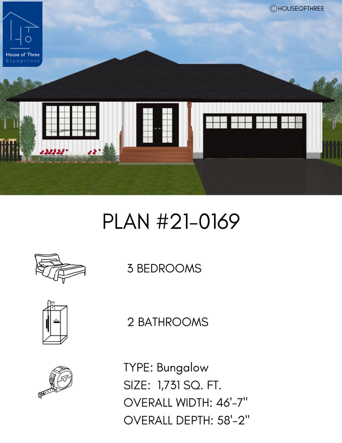 Plan #21-0169 | Bungalow, Attached Garage, Open concept, 3 bedroom, 2 bathroom