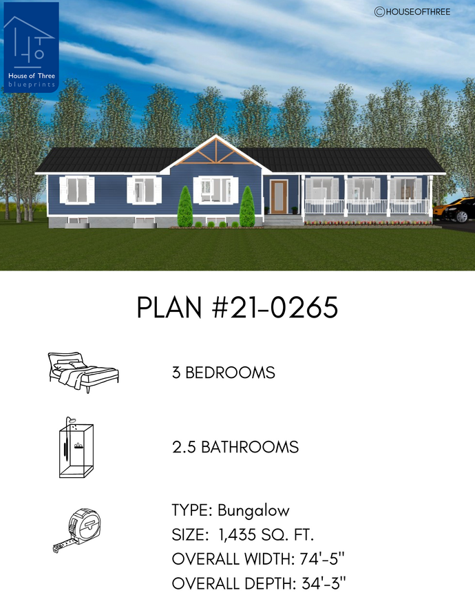 Plan #21-0265 | Stylish 3-bedroom Bungalow, Inviting Island Kitchen, Spacious Living Area