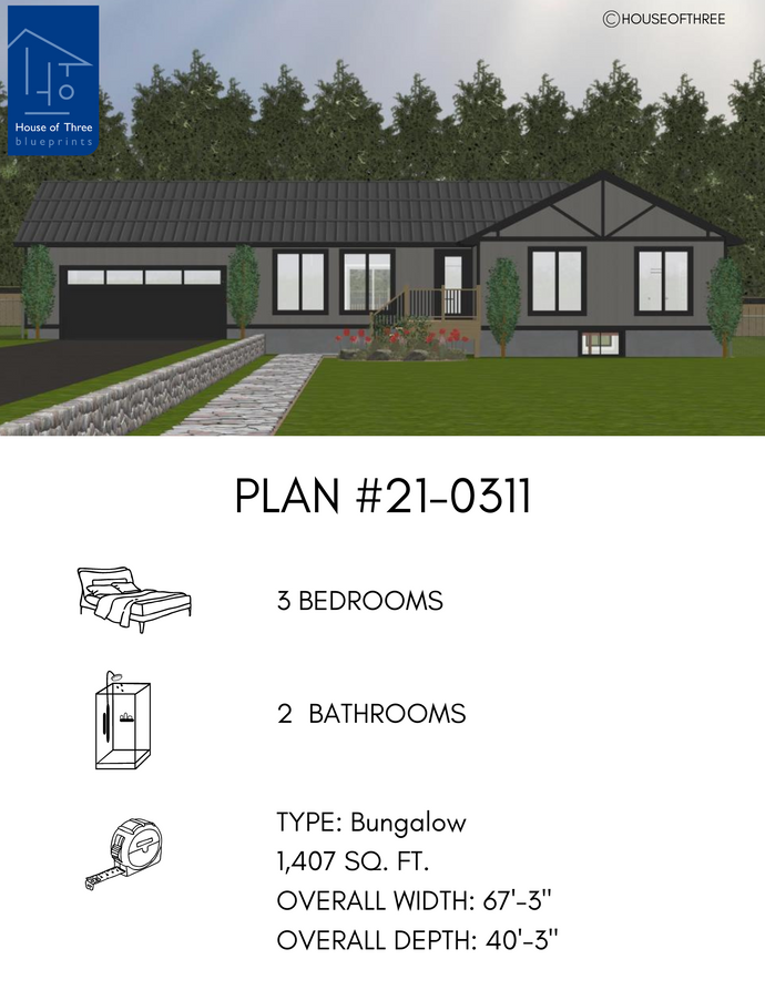 Plan #21-0311 | Bungalow, Attached Garage, Family Home, 3 bedroom, 2 bathroom